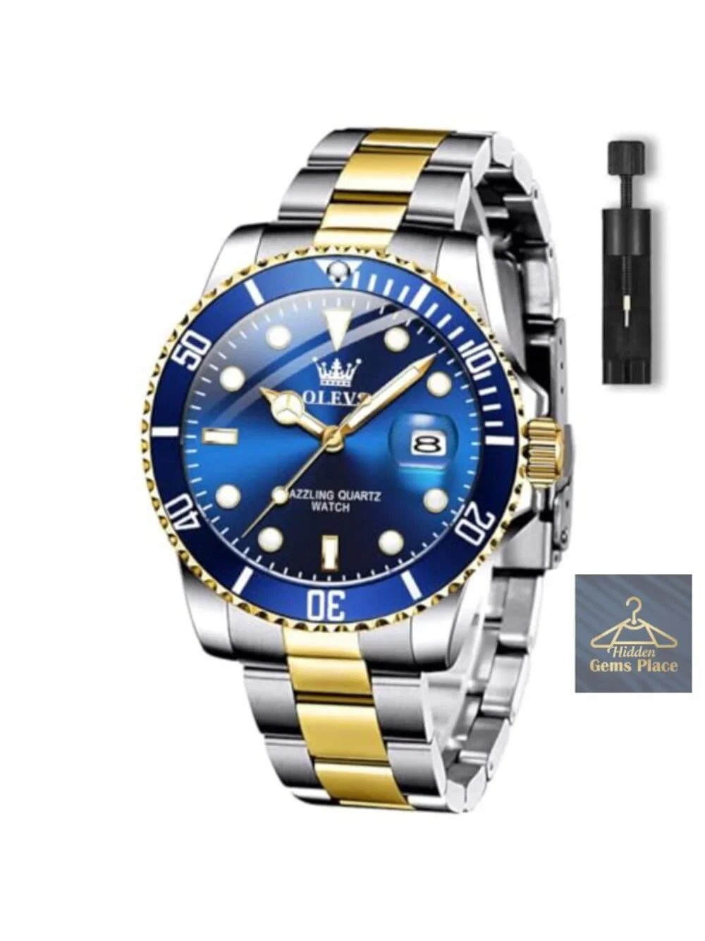 Men's Stainless Steel Analog Watch with Date, Rotatable Bezel